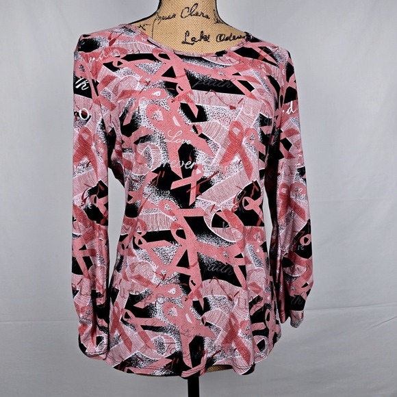 Peter Nygard Long Sleeve Breast Cancer Awareness Ribbon Print Silky Top Womens M - Picture 10 of 12